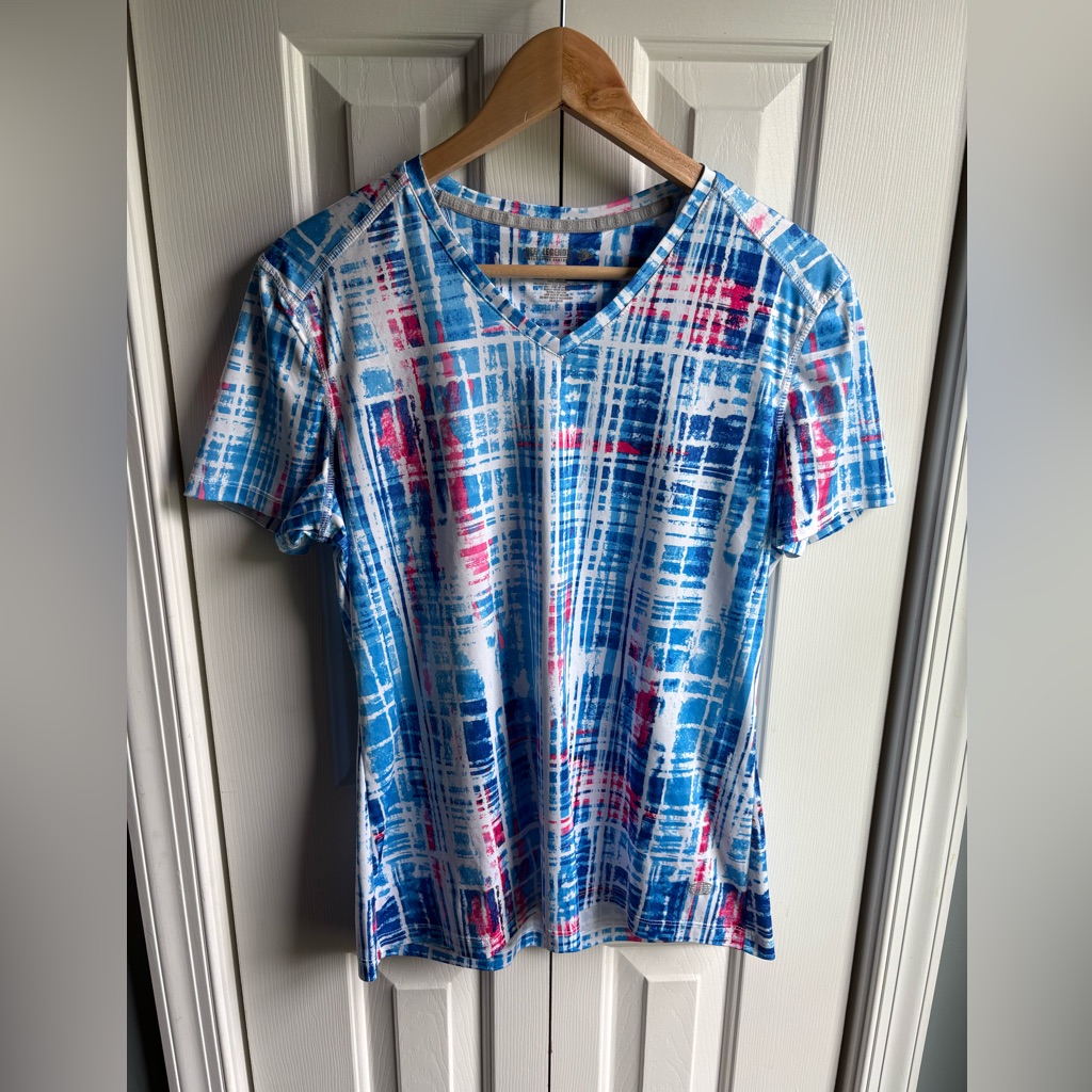 Reel Legends Womens Freeline V-Neck Short Sleeve Shirt Blue Pink Abstract Size M